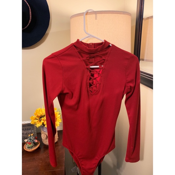 RED LACE UP BODYSUIT - Picture 1 of 2